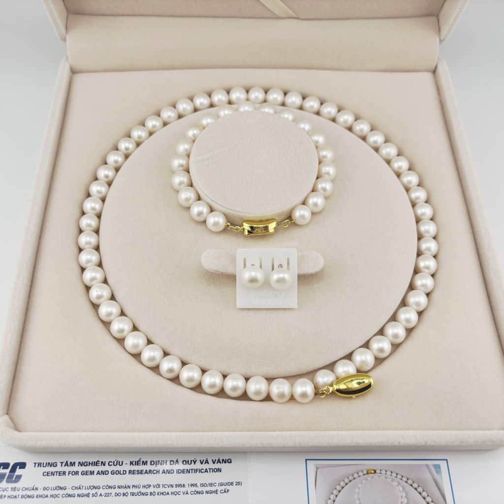 Bộ Set Vòng Cổ, Vòng Tay và Bông Tai Ngọc Trai Trắng Tròn Hoàn Hảo 9-10mm Grade AAAA KÈM KIỂM ĐỊNH ST003TR