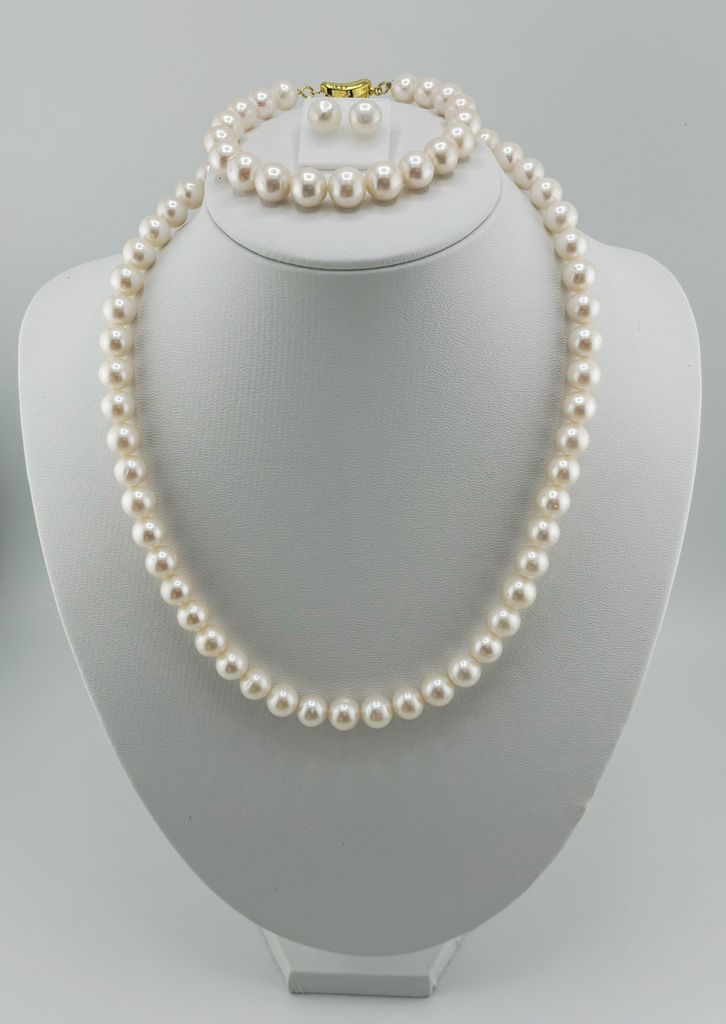 Bộ Set Vòng Cổ, Vòng Tay và Bông Tai Ngọc Trai Trắng Tròn Hoàn Hảo 9-10mm Grade AAAA KÈM KIỂM ĐỊNH ST003TR