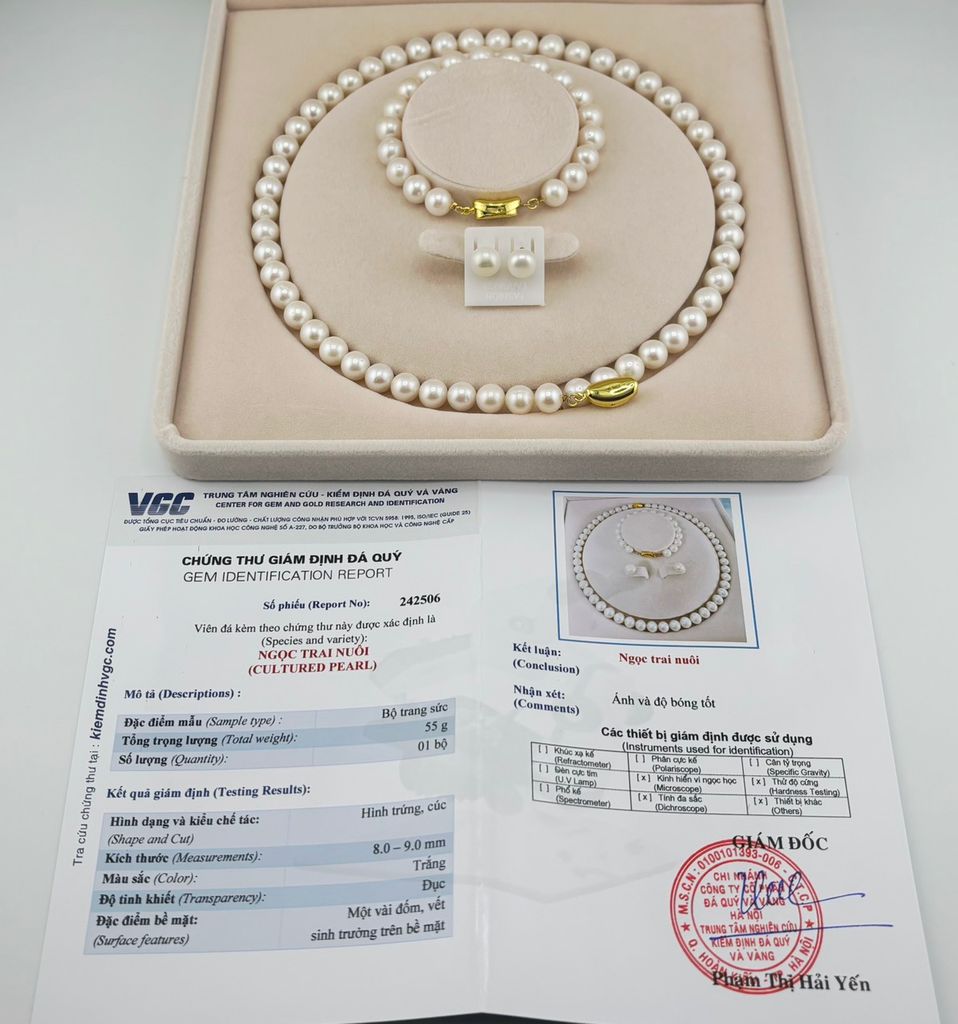 Bộ Set Vòng Cổ, Vòng Tay và Bông Tai Ngọc Trai Trắng Tròn Hoàn Hảo 9-10mm Grade AAAA KÈM KIỂM ĐỊNH ST003TR