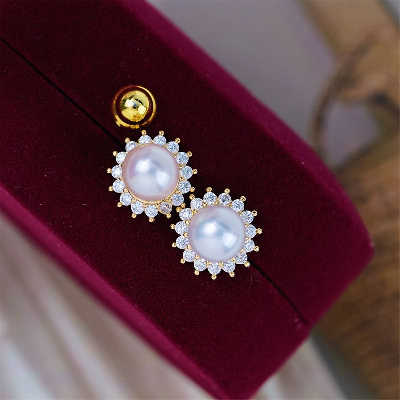Bông Tai Ngọc Trai Tự Nhiên Mặt Hoa Hướng Dương Đính Đá Quý Sang Trọng MADAME HIEN PEARLS Cho Nữ BTN291
