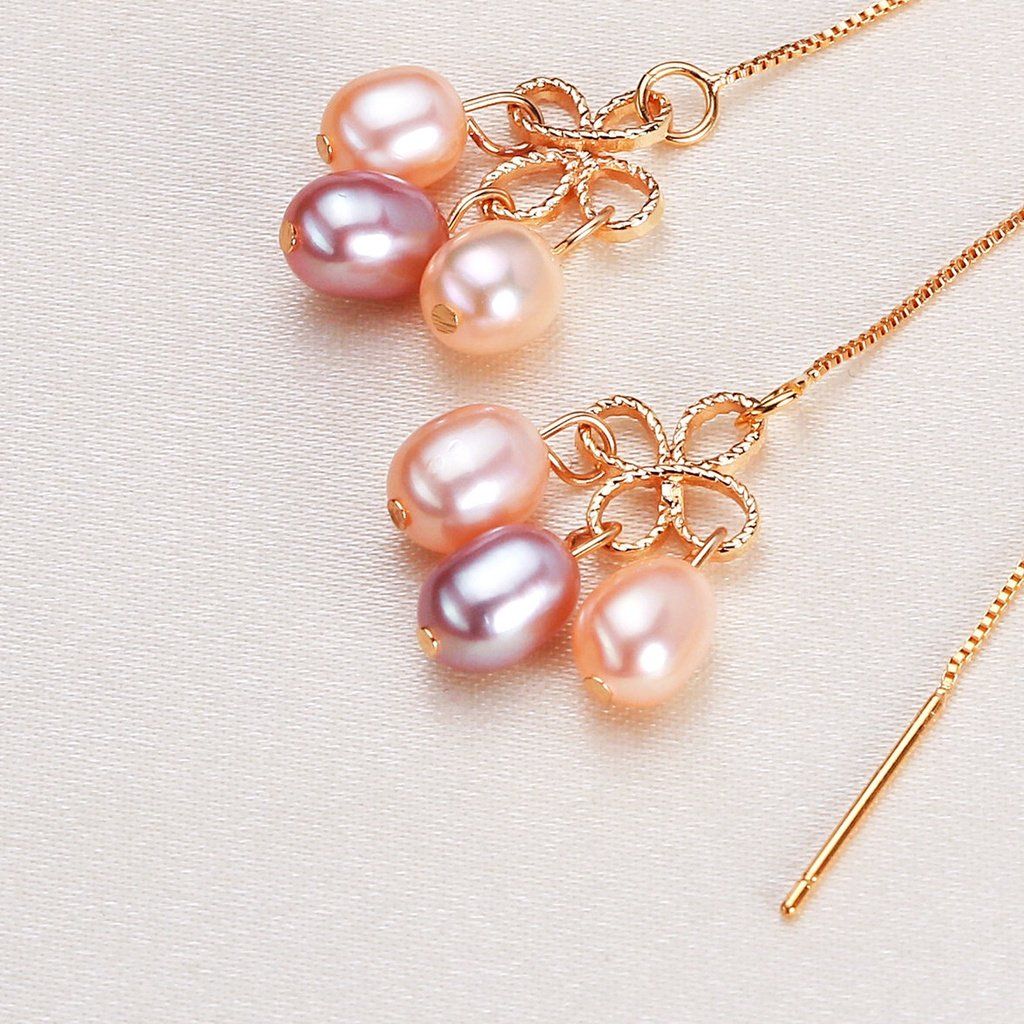 Bông Tai Tua Rua Dài Đính 3 Viên Ngọc Trai Giọt Nước Tự Nhiên Sang Trọng MADAME HIEN PEARLS BTG156