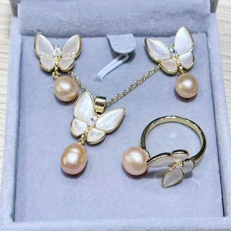Set Trang Sức Vòng Cổ, Bông Tai và Nhẫn Bướm Nơ Beimu Cẩn Xà Cừ Trắng Đính Ngọc Trai Tự Nhiên MADAME HIEN PEARLS SPS110