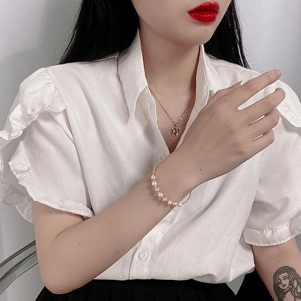 Vòng Tay Dạng Còng Cứng Mặt Đính 6 Hạt Ngọc Trai Nước Ngọt Tự Nhiên Dây Xoắn Freesize VTT012