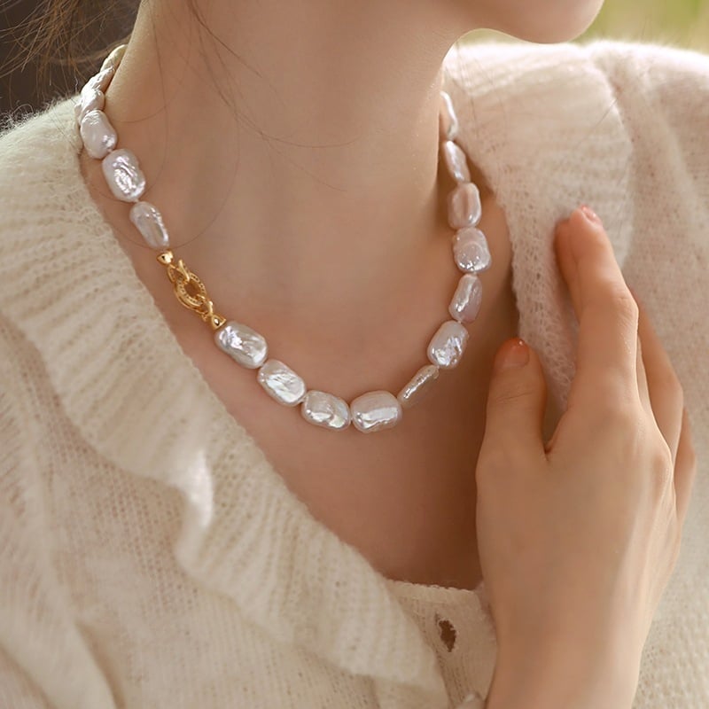 Designer Jewelry Vòng Cổ Ngọc Trai Baroque Hạt Chữ Nhật Dẹp Dáng Tự Nhiên Mặt Khoá Sang Trọng MADAME HIEN PEARLS Cho Nữ CB029