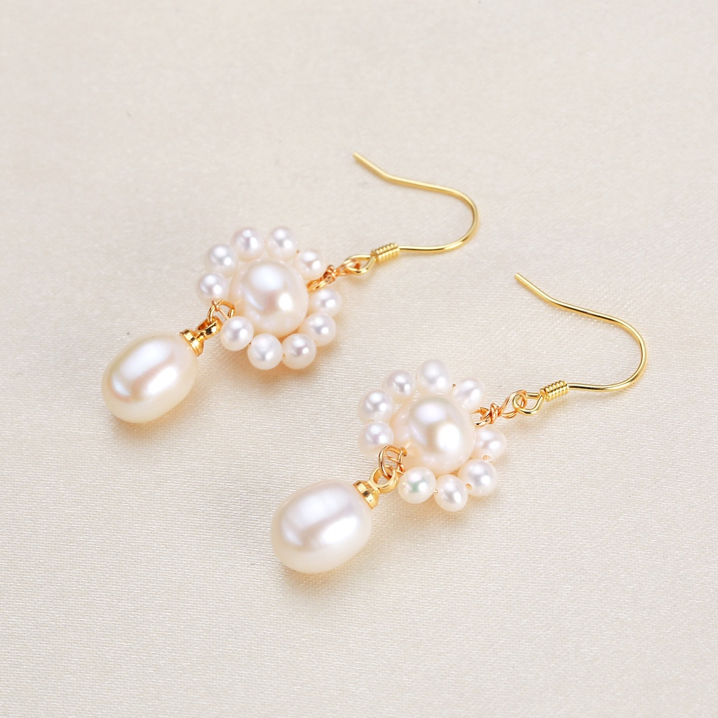 Bông Tai Ngọc Trai Mặt Ngọc Trai Kết Tạo Hoa Hướng Dương Tua Rua 1 Hạt Ngọc Trai Gạo Đáng Yêu MADAME HIEN PEARLS Cho Nữ BTG129