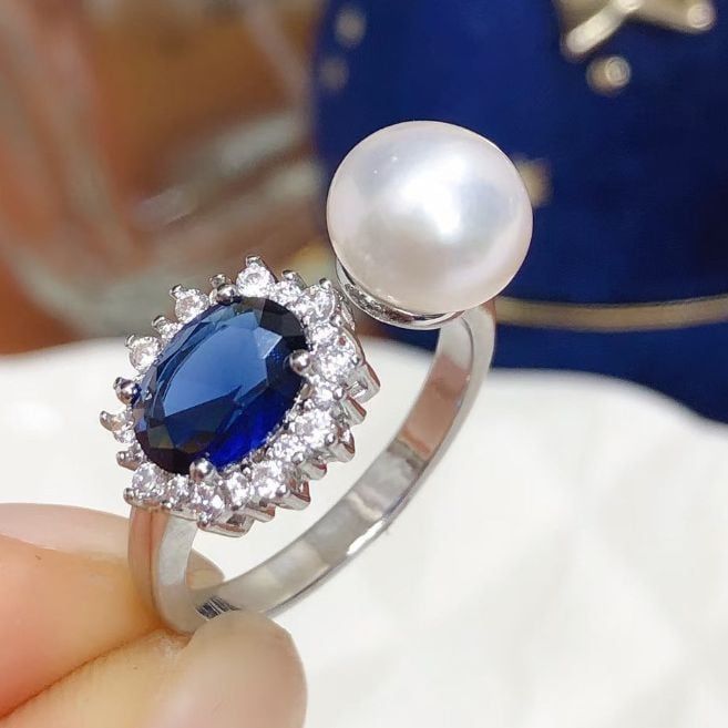 Nhẫn Ngọc Trai Tự Nhiên Đính Đá Quý Sapphire  Sang Trọng MADAME HIEN PEARLS Unisex Nam Nữ NN064