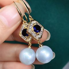 Bông Tai Ngọc Trai Tự Nhiên Hạt Tròn Cao Cấp Mặt Đá Quý Hình Học Xanh Hoàng Gia MADAME HIEN PEARLS Sang Trọng BTT079
