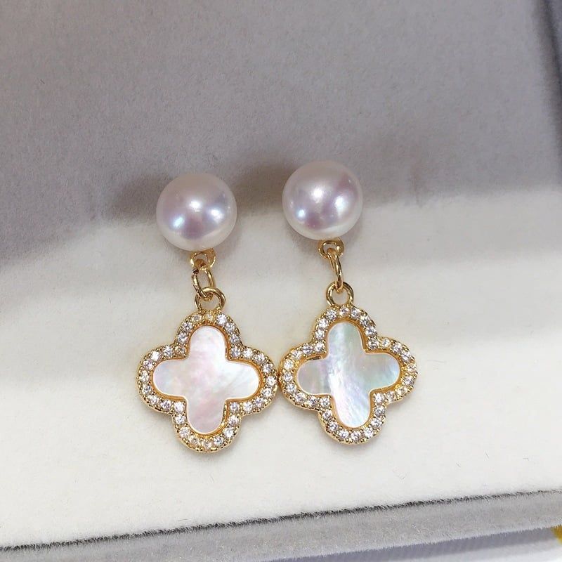 Bông Tai Ngọc Trai Tự Nhiên Tua Rua Cỏ 4 Lá Trắng Xà Cừ Hoạ Tiết LV MADAME HIEN PEARLS Thời Trang Nữ BTN199