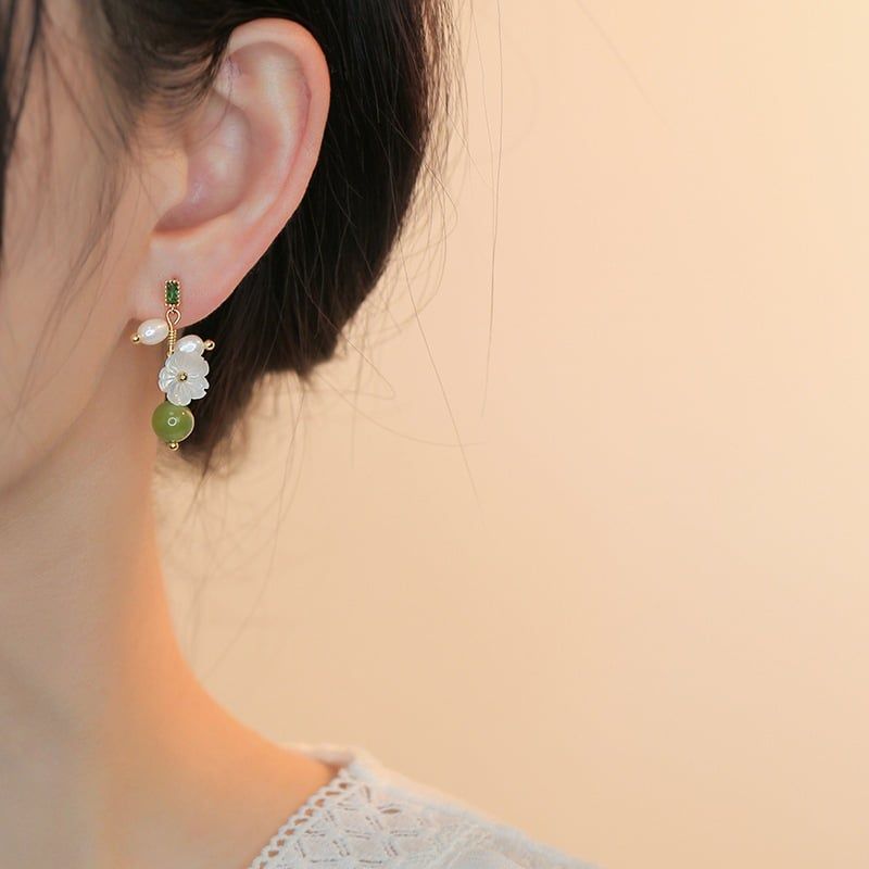 Bông Tai Ngọc Trai Tự Nhiên Tua Rua Hoa 3D Phối Cẩm Thạch Quà Tặng Sang Trọng MADAME HIEN PEARLS Nữ Tính BTG152