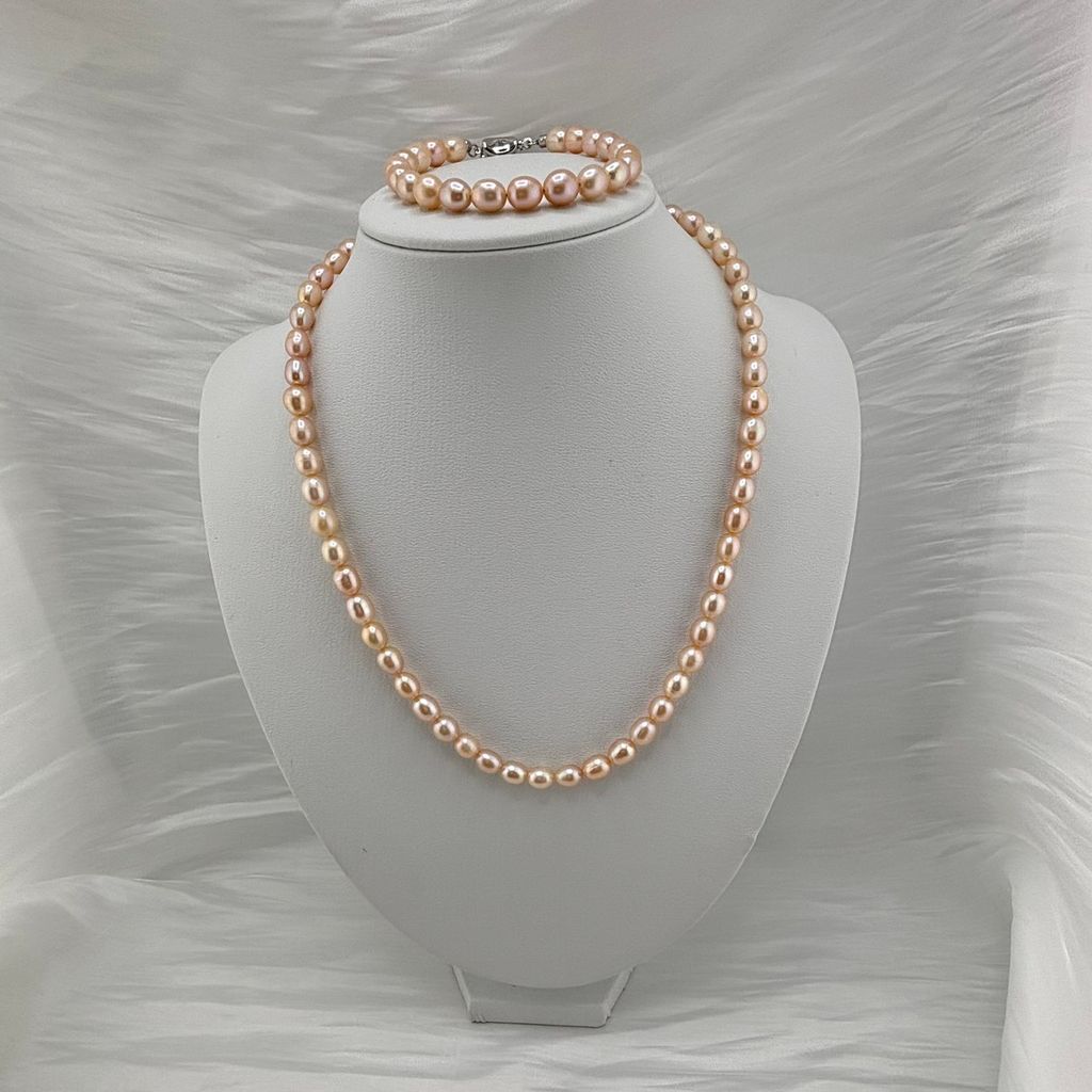 Bộ Set Ngọc Trai Vòng cổ + Vòng Tay Hạt Gạo Tự Nhiên 7-8mm Độ Bóng Cao AAA MADAME HIEN PEARLS SCG004