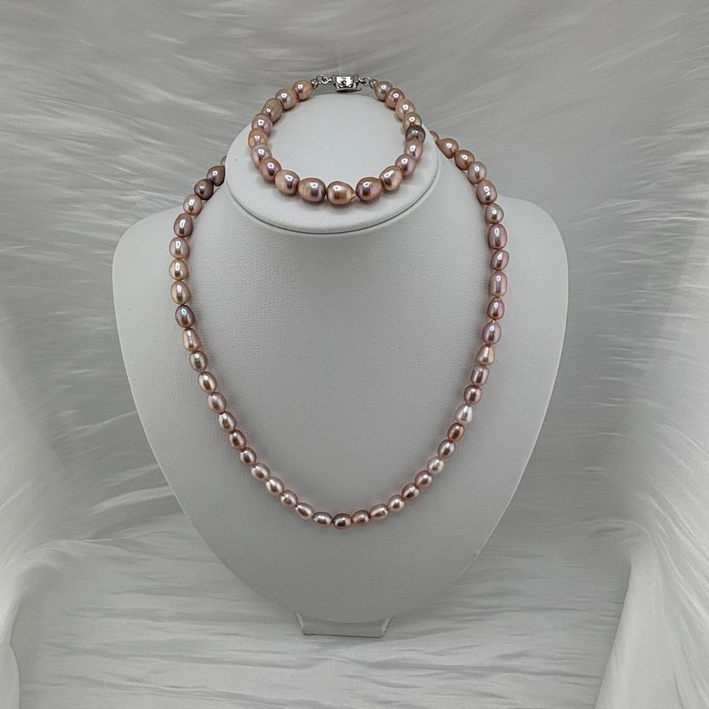 Bộ Set Ngọc Trai Vòng cổ + Vòng Tay Hạt Gạo Tự Nhiên 7-8mm Độ Bóng Cao AAA MADAME HIEN PEARLS SCG004
