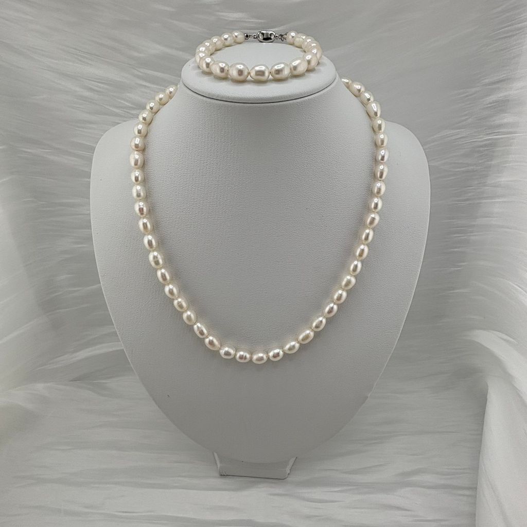 Bộ Set Ngọc Trai Vòng cổ + Vòng Tay Hạt Gạo Tự Nhiên 7-8mm Độ Bóng Cao AAA MADAME HIEN PEARLS SCG004