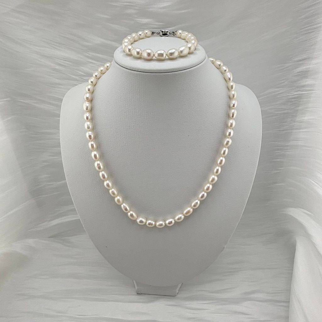 Bộ Set Ngọc Trai Vòng cổ + Vòng Tay Hạt Gạo Tự Nhiên 7-8mm Độ Bóng Cao AAA MADAME HIEN PEARLS SCG004