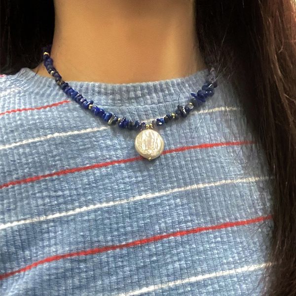 Vòng Cổ Mặt Dây Chuyền Ngọc Trai Nước Ngọt Baroque Dáng Đồng Xu Tự Nhiên Phong Cách Lapis Lazuli Dành Cho Nữ MB024