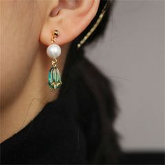 Bông Tai Ngọc Trai Tự Nhiên Phối Thuỷ Tinh Điêu Khắc Hoạ Tiết Hoa Linh Lan Lily In The Valley Xanh Ngọc Bích MADAME HIEN PEARLS BTT057