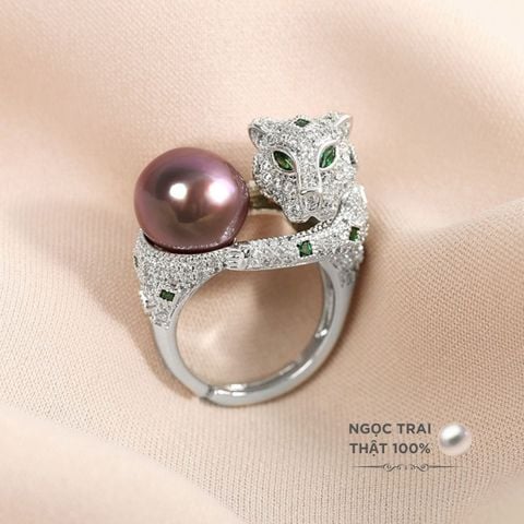 Nhẫn Bạc Họa Tiết Đầu Báo Đính Ngọc Trai MADAME HIEN PEARLS Sắc Màu