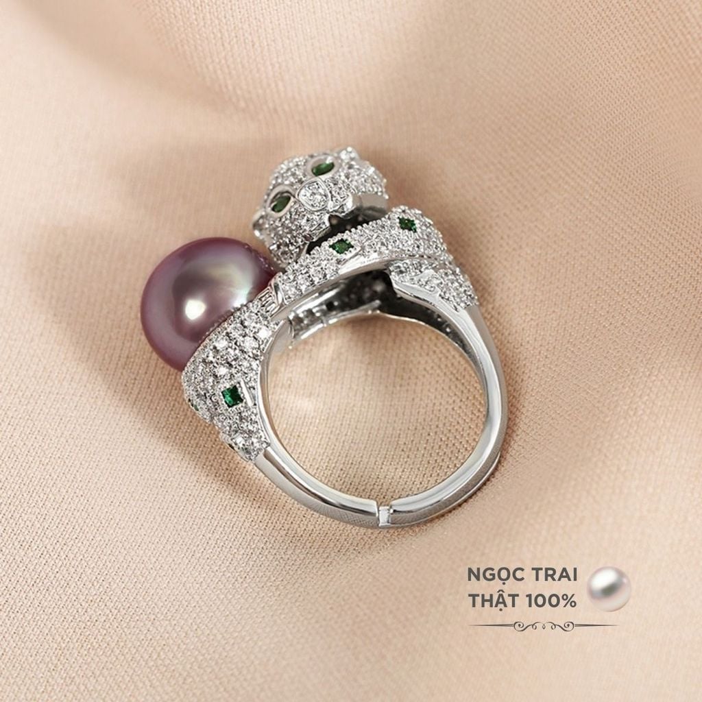 Nhẫn Bạc Họa Tiết Đầu Báo Đính Ngọc Trai MADAME HIEN PEARLS Sắc Màu NN022