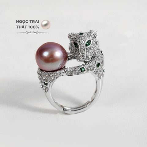 Nhẫn Bạc Họa Tiết Đầu Báo Đính Ngọc Trai MADAME HIEN PEARLS Sắc Màu NN022