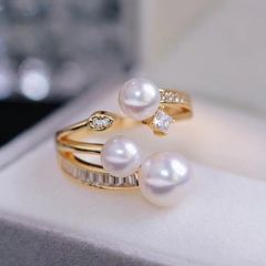 Nhẫn Ngọc Trai Tự Nhiên Mặt 3 Hạt Ngọc Trai Phối Pha Lê Phong Cách Vườn Sao Sang Trọng MADAME HIEN PEARLS Cho Nữ NN135