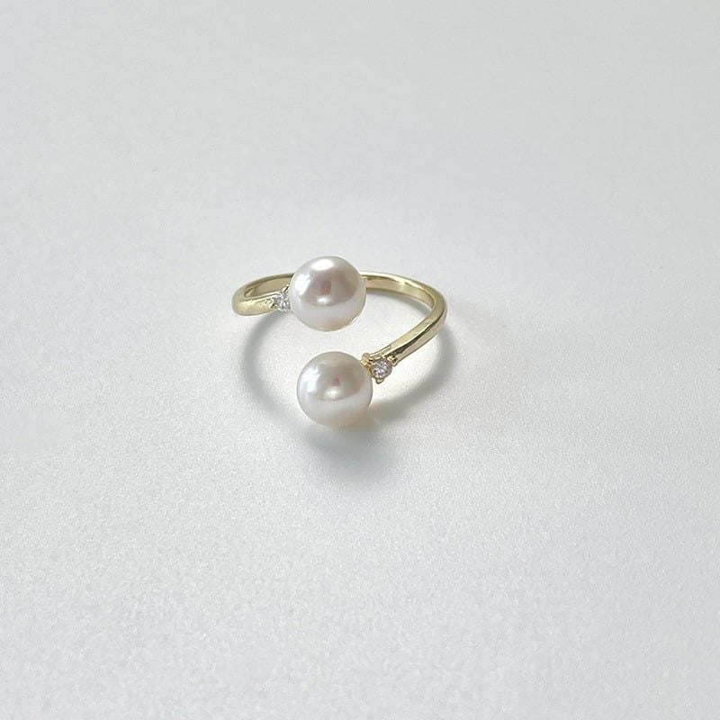 Nhẫn Mặt 2 Hạt Ngọc Trai Tự Nhiên Tối Giản Freesize MADAME HIEN PEARLS Cho Nữ NN061