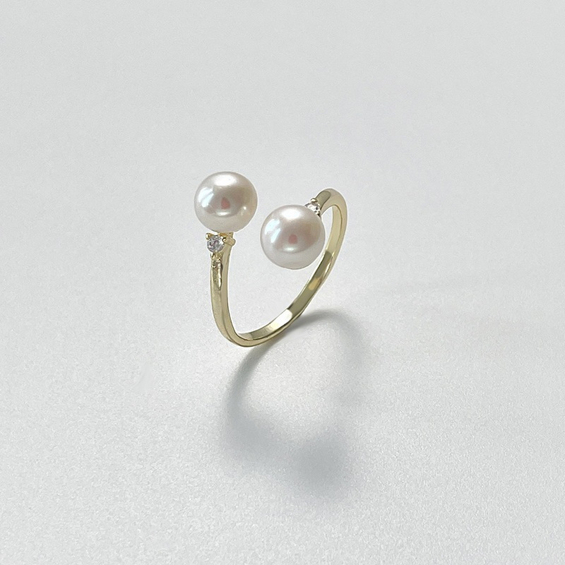 Nhẫn Mặt 2 Hạt Ngọc Trai Tự Nhiên Tối Giản Freesize MADAME HIEN PEARLS Cho Nữ NN061