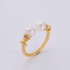 Nhẫn Ngọc Trai Tự Nhiên Hạt Đôi Hoạ Tiết Cổ Chiên Xoắn Vòng Mở MADAME HIEN PEARLS Cho Nữ