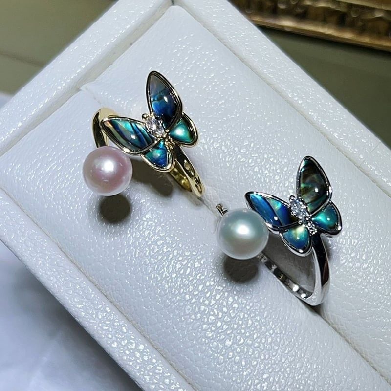 Nhẫn Ngọc Trai Tự Nhiên Mặt Bướm Xà Cừ Dáng Uống Cong MADAME HIEN PEARLS Cho Nữ NN125
