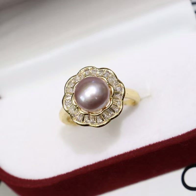 Nhẫn Ngọc Trai Tự Nhiên 8-9mm Phối VIền Hoa Pha Lê Sang Trọng MADAME HIEN PEARLS Cho Nữ NN132