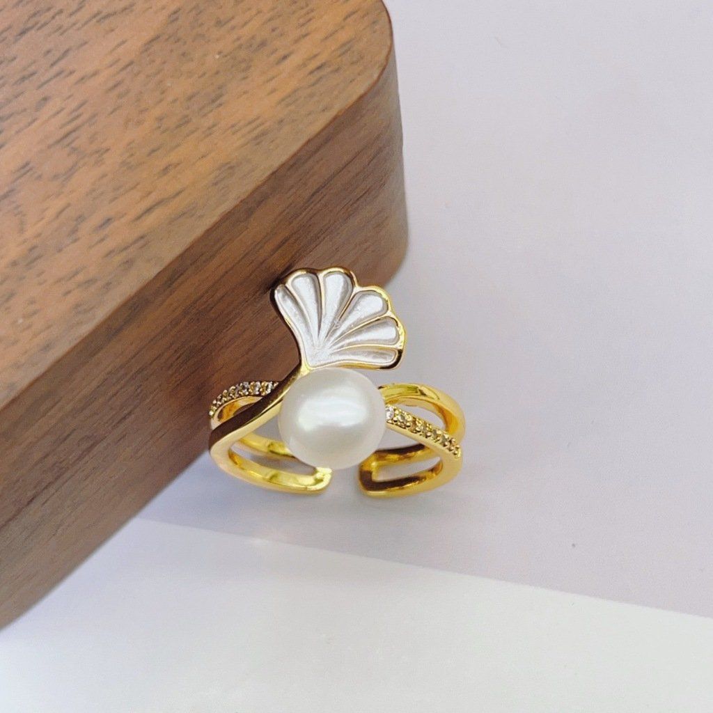 Nhẫn Ngọc Trai Tự Nhiên Mặt Hở Lá Bạch Quả Ginkgo MADAME HIEN PEARLS Cho Nữ NN140