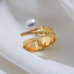 Nhẫn Nam Đính Ngọc Trai Tự Nhiên Kim Lông Vũ thời trang NN039