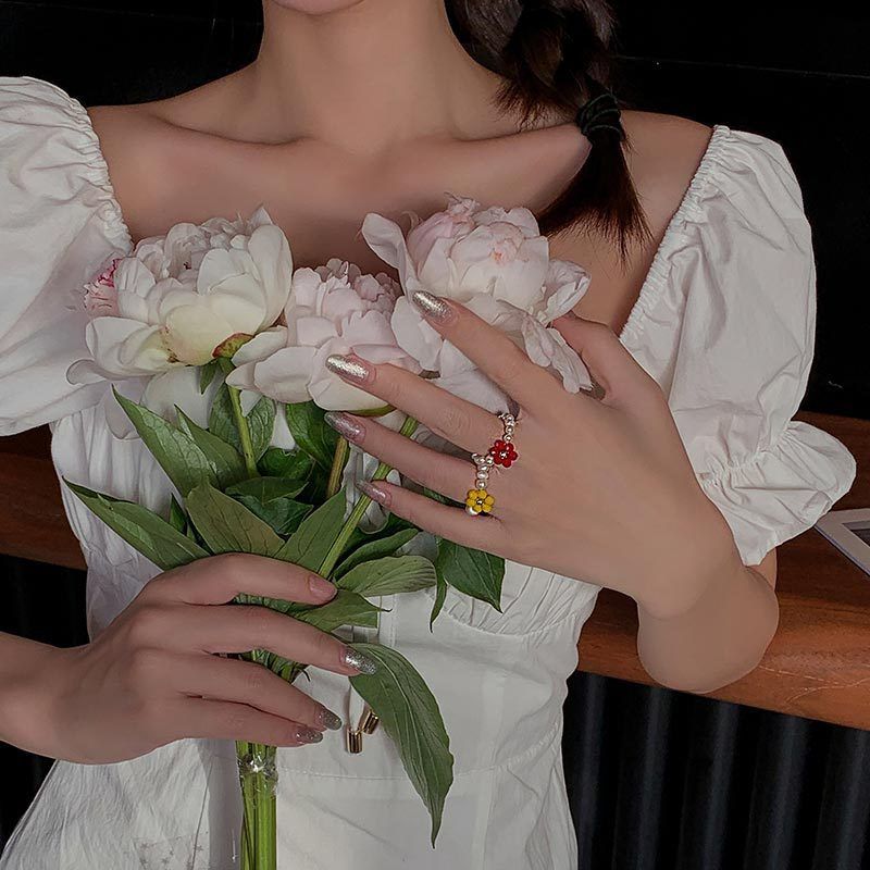 Nhẫn Nhân Ngọc Trai Tròn Phối Mặt Hoa Sắc Màu Sặc Sở Đáng Yêu MADAME HIEN PEARLS NT018