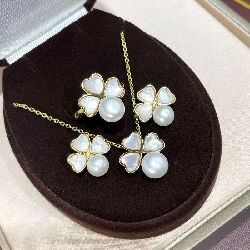Bộ Set Ngọc Trai Vòng Cổ, Nhẫn, Bông Tai Bộ Trang Sức Ngọc Trai Tự Nhiên 4 Lá Trắng Xà Cừ MADAME HIEN PEARLS SPS086