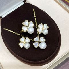 Bộ Set Ngọc Trai Vòng Cổ, Nhẫn, Bông Tai Bộ Trang Sức Ngọc Trai Tự Nhiên 4 Lá Trắng Xà Cừ MADAME HIEN PEARLS SPS086
