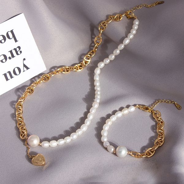 Set Bộ Vòng cổ Choker và Vòng Tay Ngọc Trai Tự Nhiên Phối Xích Thép Mạ Vàng Cá Tính SPS049