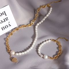 Set Bộ Vòng cổ Choker và Vòng Tay Ngọc Trai Tự Nhiên Phối Xích Thép Mạ Vàng Cá Tính SPS049