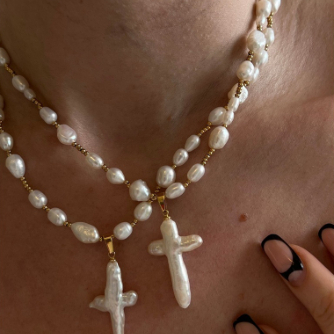 Vòng Cổ Ngọc Trai Baroque Đính Mặt Ngọc Trai Dáng Chữ Thập Pendent Chocker MADAME HIEN PEARLS Unisex Nam Nữ CB031