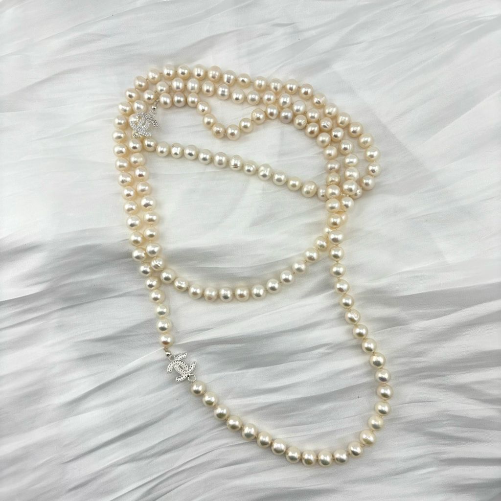 Vòng Cổ Ngọc Trai Hạt Tròn Tự Nhiên Dài 120cm Điểm 2 Khoá Bạc s925 Channel MADAME HIEN PEARLS CT040TR