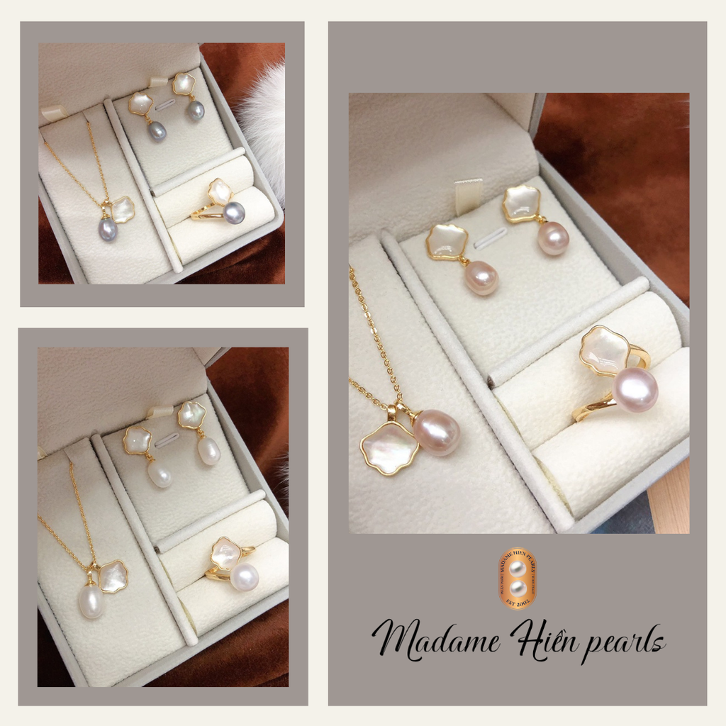 Bộ Set Ngọc Trai Vòng cổ + Nhẫn + Bông Tai Dáng Sò Xà Cừ Trắng Tự Nhiên SPS014