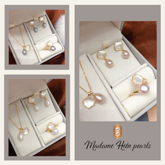 Bộ Set Ngọc Trai Vòng cổ + Nhẫn + Bông Tai Dáng Sò Xà Cừ Trắng Tự Nhiên SPS014