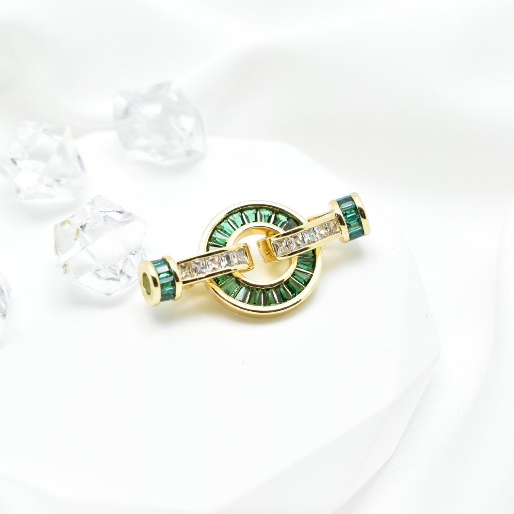 Chốt Khoá Cài Tròn Cho Vòng cổ Hoặc Vòng Tay Mạ Vàng 14k Đính Đá Pha Lê Xanh Lá Sang Trọng MADAME HIEN PEARLS PKKC009