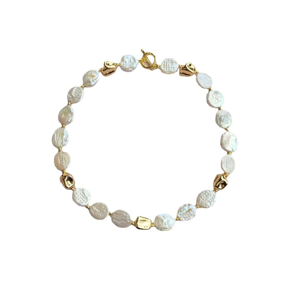 Designer Jewelry Vòng Cổ Ngọc Trai Baroque Hạt Đồng Xu Tròn Không Đều Phối Hạt Cham Kim Cá Tính MADAME HIEN PEARLS Cho Nữ CB049