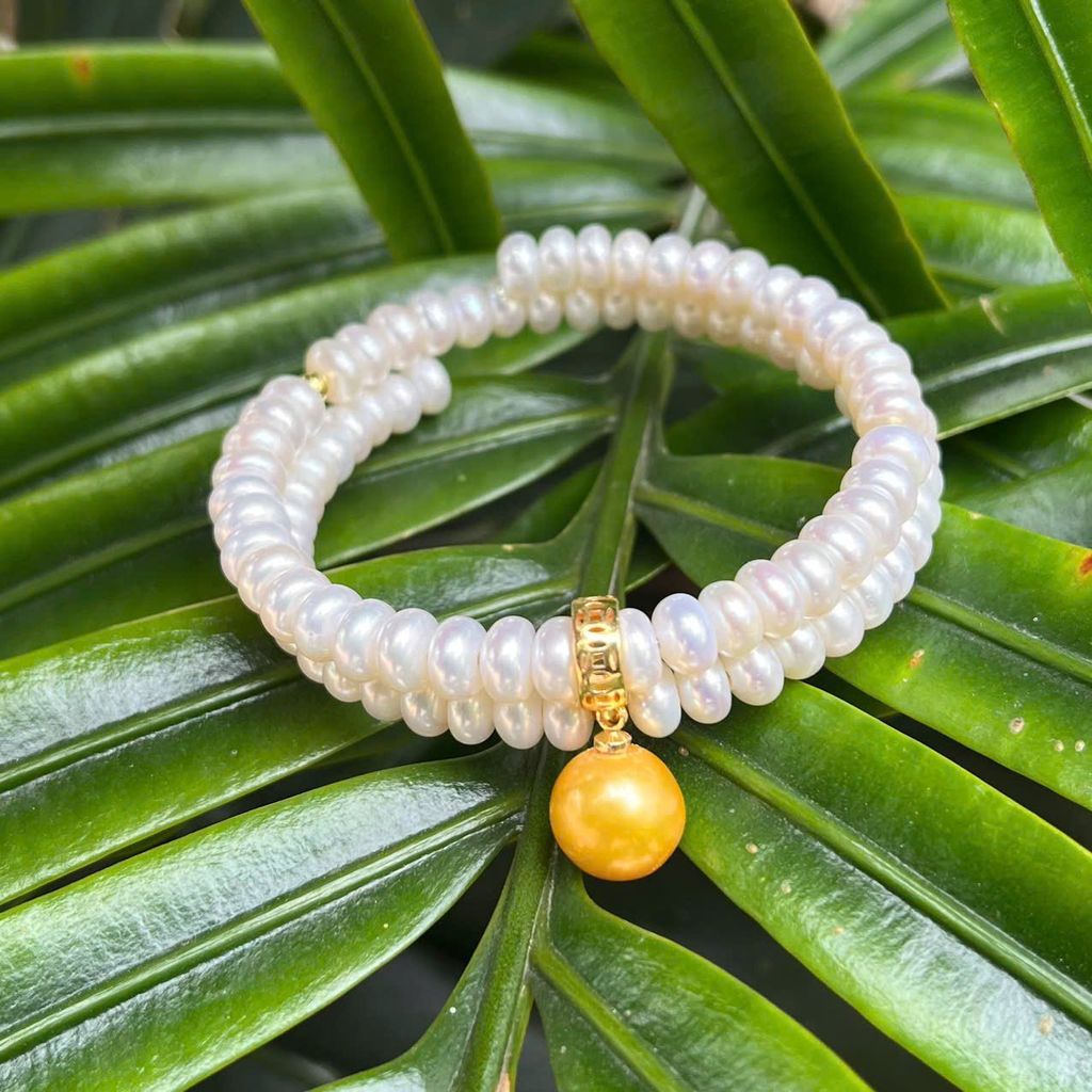 DESIGNER JEWELRY Vòng Tay Ngọc Trai Hạt Bắp VIP Điểm Bi Vàng Mặt Ngọc Trai 1 Hạt Vàng Sang Trọng MADAME HIEN PEARL Cho Nữ VTT120