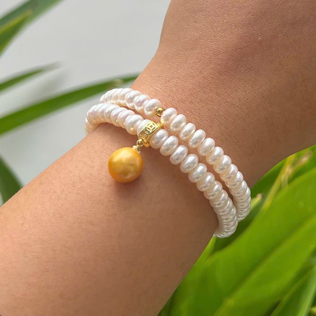 DESIGNER JEWELRY Vòng Tay Ngọc Trai Hạt Bắp VIP Điểm Bi Vàng Mặt Ngọc Trai 1 Hạt Vàng Sang Trọng MADAME HIEN PEARL Cho Nữ VTT120