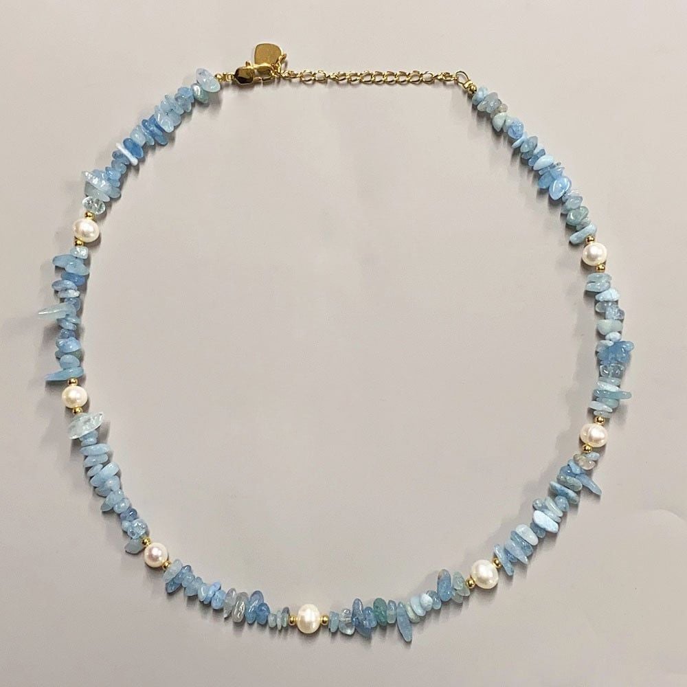 Vòng Cổ Ngọc Trai Phong Cách Bohemian Bãi Biển Aquamarine Phối Đá Sỏi Tự Nhiên MADAME HIEN PEARLS Unisex Nam Nữ CB033