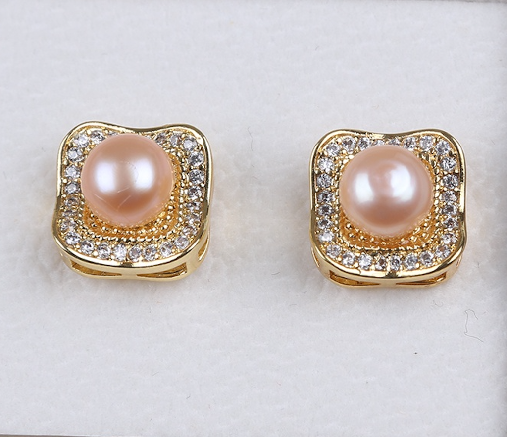 Bông Tai Ngọc Trai Tự Nhiên MADAME HIEN PEARLS Mặt Vuông Đính Đá Quý Sang Trọng BTN122