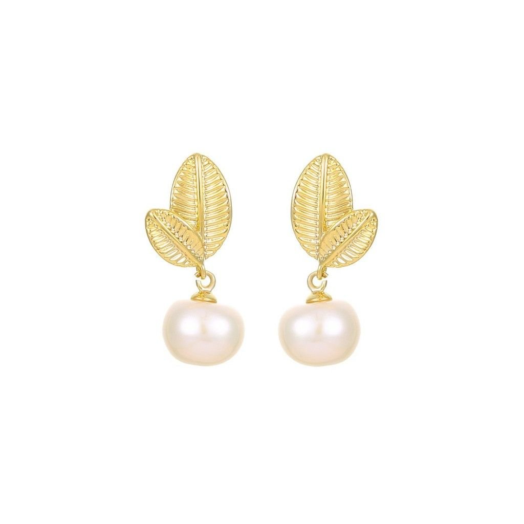 Bông Tai Ngọc Trai Tự Nhiên Mặt Vàng Lá Nẩy Mầm Đính 1 Hạt Ngọc Trai Nụ Tua Rua MADAME HIEN PEARLS BTN165