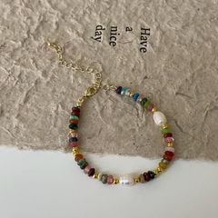 Vòng Tay Ngọc Trai Tự Nhiên Phối Đá Đa Sắc Màu Bohemian Boho MADAME HIEN PEARLS Cho Con Gái Yêu VTG023