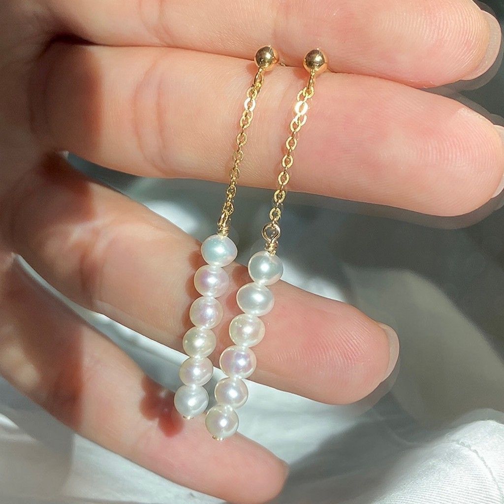 Bông Tai Mạ Vàng Thật 14k Đính Ngọc Trai Tự Nhiên Tua Rua Đính 6 Hạt Ngọc Trai 3-4mm Dịu Dàng Nữ Tính MADAME HIEN PEARLS BTT086