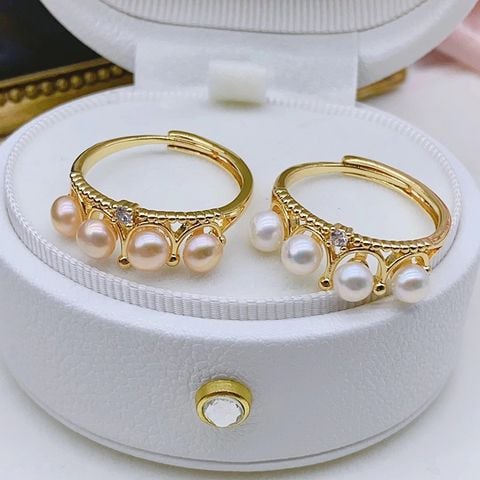 Nhẫn Ngọc Trai Tự Nhiên Vương Miện 4 Hạt Tứ Quý Phát Tài MADAME HIEN PEARLS