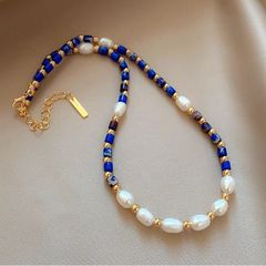 Vòng Cổ Choker Xương Đá Tự Nhiên Lapis Lazuli  Phối Ngọc Trai Hạt Gạo MADAME HIEN PEARLS Cho Nữ CG077